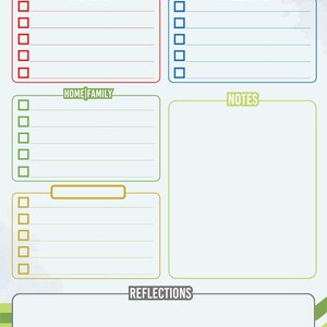 May include: A weekly planner with sections for self-care, professional, home/family, and reflections. The planner includes checkboxes for tasks and a notes section. The title "THIS WEEK: PLANS & PRIORITIES" is at the top.