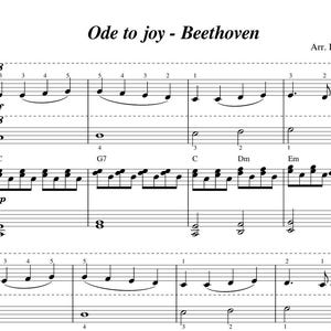 Könnte beinhalten: Notenblatt für "Ode to Joy" von Beethoven, arrangiert von Ilaria Roberti. Die Musikpartitur ist in schwarzer Tinte auf weißem Hintergrund geschrieben, mit Violinschlüsseln und Bassschlüsseln sowie musikalischen Notationen.