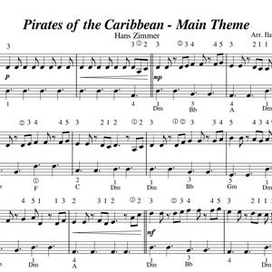 Op de afbeelding: Partituur voor "Pirates of the Caribbean - Main Theme" van Hans Zimmer. De muziek is gearrangeerd voor piano en bevat de titel, componist, arrangeur en muzikale notatie.