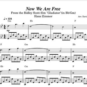 Puede incluir: Partitura de "Now We Are Free" de la película "Gladiator" de Hans Zimmer, en Bb/Gm. La partitura incluye notas, silencios e indicaciones dinámicas. Arreglo de Ilaria Roberti.