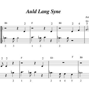 Puede incluir: Partitura de "Auld Lang Syne" con notas musicales y pentagramas. El título y el nombre del arreglista se muestran. El tempo está indicado a 80 bpm. La música está escrita en la tonalidad de Sib.