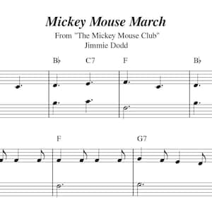 Könnte beinhalten: Notenblatt für den Mickey Mouse Marsch aus "The Mickey Mouse Club" von Jimmie Dodd. Die Musik wurde von Ilaria Roberti arrangiert.