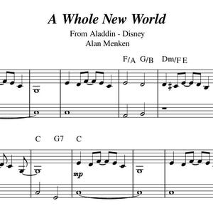 Può includere: Spart.to musicale per la canzone "A Whole New World" del film Disney Aladdin. La musica è scritta in Do maggiore e include i testi "From Aladdin - Disney" e "Alan Menken".