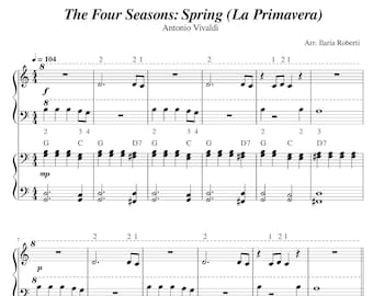 May include: Sheet music for the "Spring" movement from Antonio Vivaldi's "The Four Seasons" titled "La Primavera". The music is arranged for piano by Ilaria Roberti. The music includes notes, clefs, time signatures, and other musical notation.