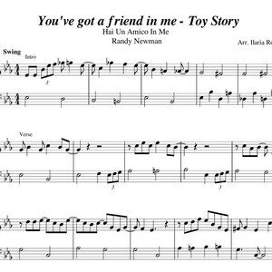 Könnte beinhalten: Notenblatt für das Lied "You've got a friend in me" aus dem Film Toy Story. Die Musik ist für Klavier arrangiert und enthält die Texte "Hai Un Amico In Me" und "Randy Newman".