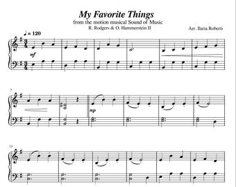 Może przedstawiać: Nuty do "My Favorite Things" z musicalu "Dźwięki muzyki". Czarne nuty na białym tle. Tytuł i informacje o kompozytorze u góry. Aranżacja Ilaria Roberti.