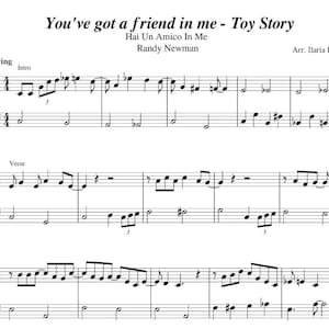 Op de afbeelding: Partituur voor het lied "You've Got a Friend in Me" uit de film Toy Story. De muziek is geschreven voor piano en bevat de tekst "Hai Un Amico In Me" van Randy Newman. De partituur is gearrangeerd door Ilaria Roberti.