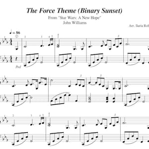 Op de afbeelding: Muziekpartituur voor "The Force Theme (Binary Sunset)" uit "Star Wars: A New Hope" van John Williams. De zwart-witte bladmuziek bevat noten, rusten en tempo-aanduidingen. Gearrangeerd door Ilaria Roberti.