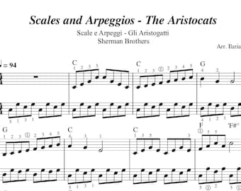 Scale e arpeggi (da Gli Aristogatti) Spartito per pianoforte, spartito musicale digitale scaricabile, canzoni per bambini principianti, PDF + MP3