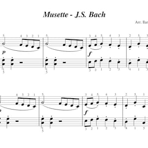 May include: Sheet music for a piano piece titled "Musette - J.S. Bach" arranged by Ilaria Roberti. The music includes notes, clefs, and time signatures.