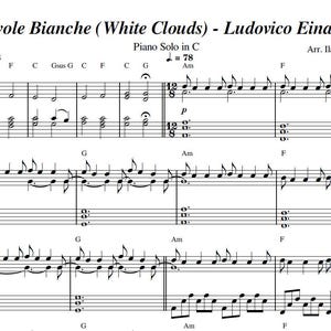 May include: Sheet music for the piano piece "Nuvole Bianche (White Clouds)" by Ludovico Einaudi, arranged by Ilaria Roberti. The music is written in the key of C and includes the tempo markings = 48 and = 78.