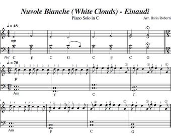 Nuvole Bianche in Do (White Clouds - Einaudi) Spartito per pianoforte, spartito musicale digitale scaricabile, canzoni per principianti, PDF + MP3