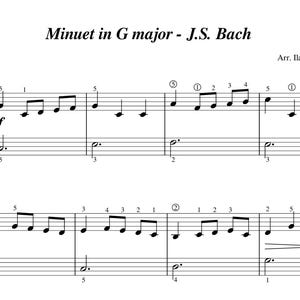 May include: Sheet music for a Minuet in G major by J.S. Bach, arranged by Ilaria Roberti. The music is written in standard notation with a treble clef and a time signature of 3/4. The music is for piano and includes fingering numbers.