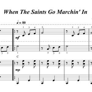 When the saints go marcing in (four hands) Easy Piano Sheet Music, Digital Downloadable Musical Sheet, Kids Beginner Songs, PDF + MP3