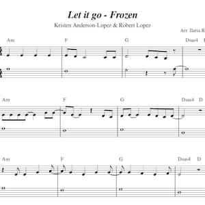 Puede incluir: Partitura musical para la canción "Let it go" de la película Frozen. La música está escrita para piano e incluye la letra de la canción. La canción está escrita por Kristen Anderson-Lopez y Robert Lopez y arreglada por Ilaria Roberti.