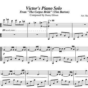 May include: Sheet music for "Victor's Piano Solo" from "The Corpse Bride" by Danny Elfman. The musical score features treble and bass clef notation with dynamic markings and tempo indication. The arrangement is by Ilaria Roberti.