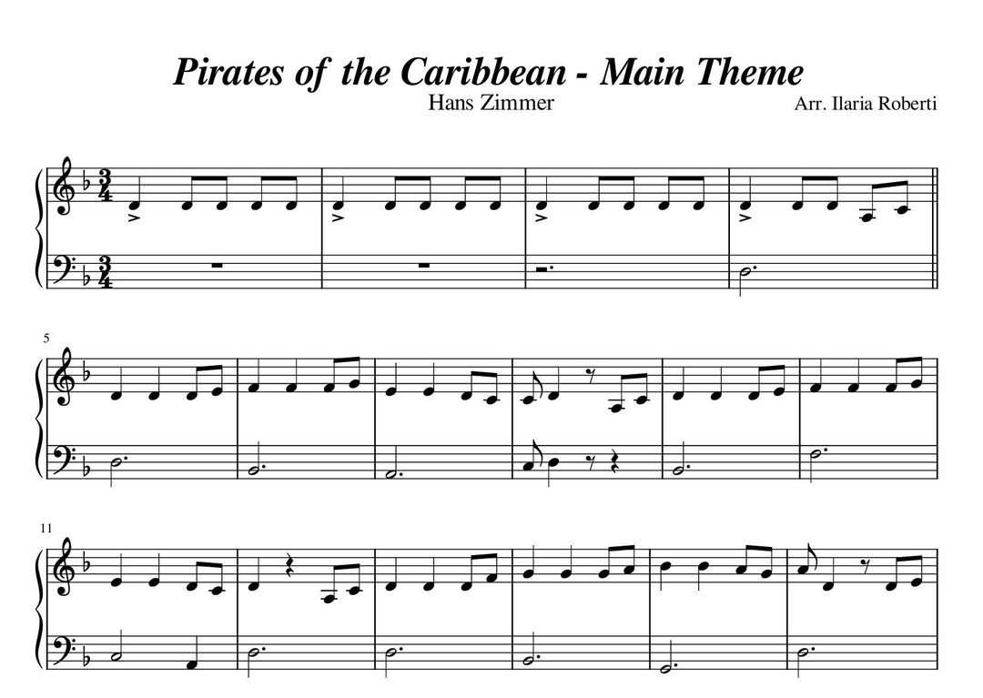 Pirates of the Caribbean Main Theme (hans Zimmer) Easy Piano Sheet