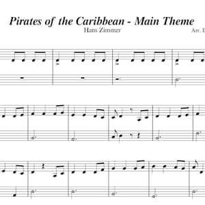 Puede incluir: Partitura musical para "Piratas del Caribe - Tema principal" de Hans Zimmer, arreglada por Ilaria Roberti. La música está escrita en notación estándar con una clave de sol y una clave de fa.