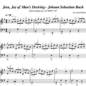 Op de afbeelding: Muziekblad voor "Jesu, Joy of Man's Desiring" van Johann Sebastian Bach, uit Cantate nr. 147 BWV 147. De bladmuziek bevat notatie in de G-sleutel en de F-sleutel, met tempo-aanduidingen en vingerzetting. Bewerkt door Ilaria Roberti.