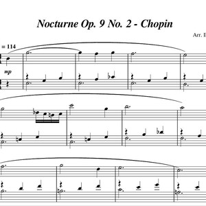 以下が含まれることがあります： ショパンのノクターン作品9番2の楽譜、イラリア・ロベルティ編曲。五線譜に黒で書かれた楽譜で、ト音記号とヘ音記号があり、テンポは114です。