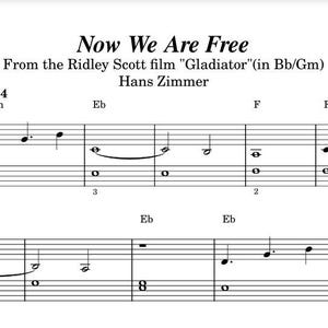 Può includere: Spartito di "Now We Are Free" dal film "Il Gladiatore" di Hans Zimmer. La musica è scritta in chiave di Sol minore e include notazione musicale con chiavi di violino e basso. Il tempo è indicato a 124 battiti al minuto.