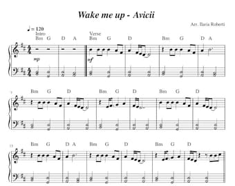Może przedstawiać: Nuty do piosenki "Wake Me Up" Avicii, w aranżacji Ilaria Roberti. Nuty w kolorze czarnym na białym tle, z symbolami muzycznymi i tekstem.