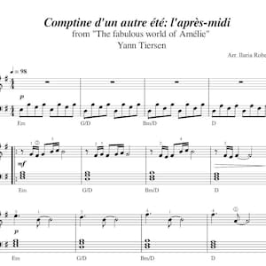 以下が含まれることがあります： 映画『アメリ』の楽曲「コンティーヌ・ダン・ノートル・エテ：ラプレミディ」の楽譜。作曲はヤン・ティルセン、ピアノ編曲はイラリア・ロベルティによる。