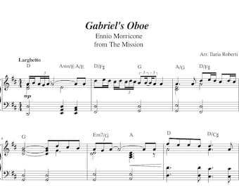 Partitura para piano de "Oboé de Gabriel" (Ennio Morricone - da trilha sonora de "A Missão"), disponível para download digital. Música de nível intermediário, em PDF + MP3.