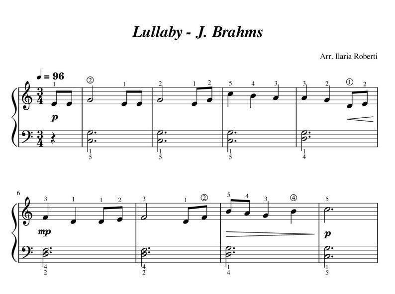 Lullaby J Brahms Easy Piano Sheet Music Digital Downloadable