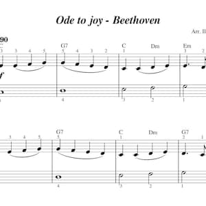 May include: Sheet music for "Ode to Joy" by Beethoven, arranged by Ilaria Roberti. The music is written in standard notation with a time signature of 4/4 and a tempo marking of = 90. The key signature is C major. The music includes notes for both the right and left hands.