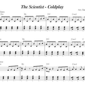 May include: Sheet music for the song "The Scientist" by Coldplay, arranged by Ilaria Roberti. The music is written in black ink on a white background, with musical notation including treble and bass clefs, notes, and chords.