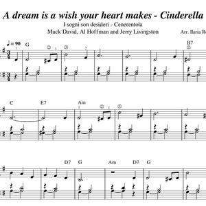 Könnte beinhalten: Notenblatt für ein Lied mit dem Titel "A dream is a wish your heart makes - Cinderella". Die Musik ist in G-Dur geschrieben und hat ein Tempo von 90 Schlägen pro Minute. Das Lied ist für Klavier arrangiert und enthält italienische Texte.