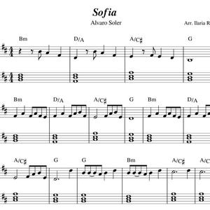 Puede incluir: Partitura musical para la canción "Sofia" de Alvaro Soler, arreglada por Ilaria Roberti. La música está escrita en la tonalidad de Sol mayor y presenta una melodía simple con acordes en Sol mayor.