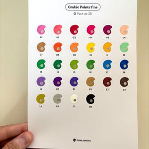 Grabie Fine Tip 28 kleurenkaart · Afdrukbare PDF · Genummerd van 1 tot 28 + gratis formaat · Voor mystery-kleuren · Kleurenkaarten