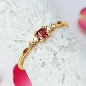 Garnet Ring , 925 Sterling Silver , Red Gemstone Ring with Zircon Accents ,  Prong Setting January Birthstone Jewelry for Women