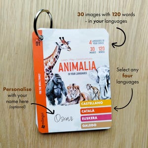 Puede incluir: Un libro de flashcards educativo y colorido para niños con 30 imágenes de animales con sus nombres en cuatro idiomas: Castellano, Català, Euskara y Galego. El libro está personalizado con el nombre "Oscar" y forma parte de una serie llamada "Animalia in Your Languages".
