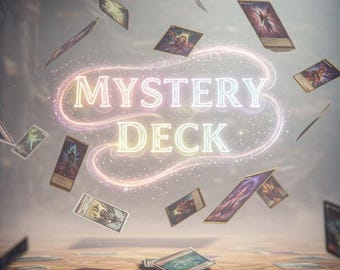May include: A glowing neon sign that reads "MYSTERY DECK" with playing cards floating around it. The cards are various colors and have different designs.