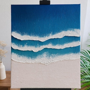 Texturerad havsvågsmålning – 45 x 60 cm handgjord kustväggkonst med strukturpasta och akryl