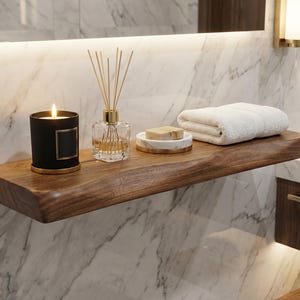 Estante flotante de nogal, madera maciza personalizada, decoración minimalista y moderna para cocina o baño, regalo hecho a mano, decoración de pared hecha a mano.