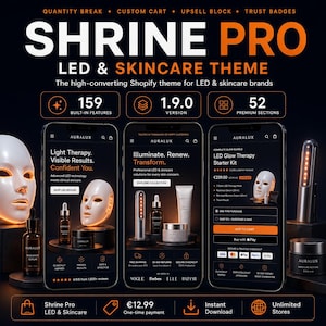 May include: A digital display of the Shrine Pro LED and Skincare Shopify theme, featuring three smartphone screens showing an Auralux brand interface with LED therapy masks, skincare serums, and creams, alongside product icons and text.