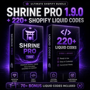 Könnte beinhalten: Zwei schwarze Boxen mit violetten leuchtenden Akzenten, die den Text Ultimate Shopify Bundle, Shrine Pro 1.9.0 und 220+ Shopify Liquid Codes zeigen. Die Boxen enthalten Symbole für ein Premium-Theme, eine Code-Bibliothek und Abschnitte.