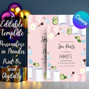 Editable Spa Birthday Invitation, Glam Slumber Party Invite, Printable Makeup Spa Party Template Instant Download Girls Sleepover Invite