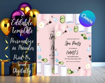 Editable Spa Birthday Invitation | Glam Sleepover Party Digital Download | Printable Girls Makeup Party | Canva Template