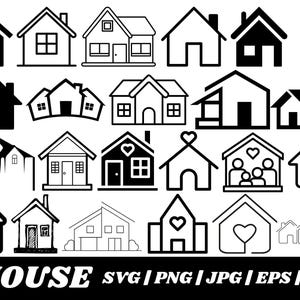 May include: A set of 20 black and white house silhouette illustrations. The illustrations are in various styles, including traditional, modern, and cartoonish. The set includes a key with a house on it. The text "HOUSE SVG | PNG | JPG | EPS | DXF" is at the bottom of the image.