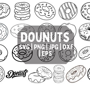 May include: Black and white illustration of various donuts. The image includes donuts with different toppings and designs, along with the word "DOUNUTS" and file type labels like "SVG" and "PNG". The word "Donuts" is also written in a cursive font.