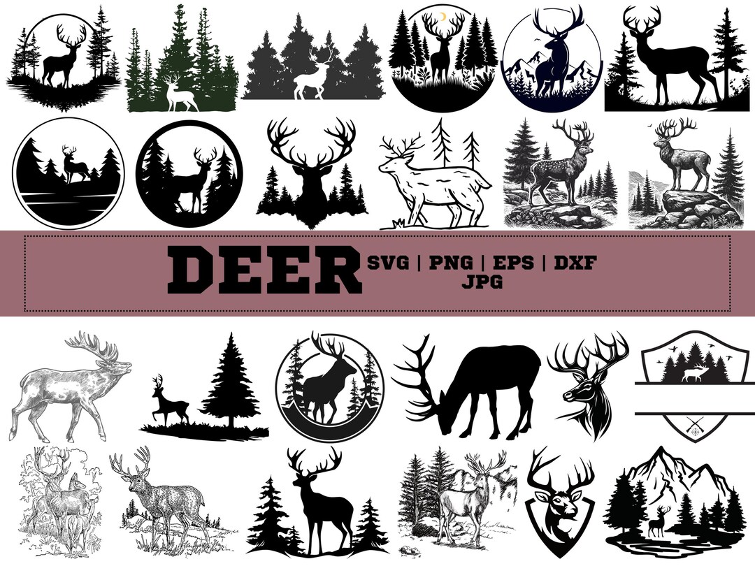 Deer SVG Bundle | Deer in Forest & Deer Head Vector SVG | Forest ...