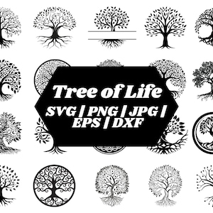 Puede incluir: Un conjunto de 20 archivos SVG, PNG, JPG, EPS y DXF de árbol de la vida en blanco y negro. Las imágenes presentan varios estilos de árboles con raíces y ramas intrincadas.