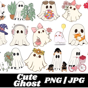 Cute Ghost Halloween svg Bundle, Retro Ghost png, Retro Floral Ghost png, Dog Ghost svg, Ghost Reading svg, Spooky Season, Halloween png
