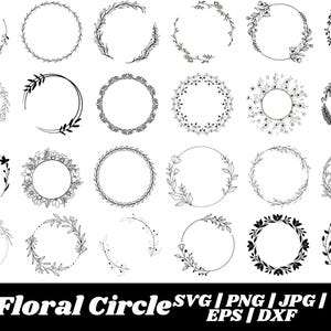 Puede incluir: Un conjunto de 20 marcos circulares florales en blanco y negro. Los marcos están hechos de dibujos simples de flores y hojas. Los marcos son perfectos para agregar un toque de elegancia a tus diseños.