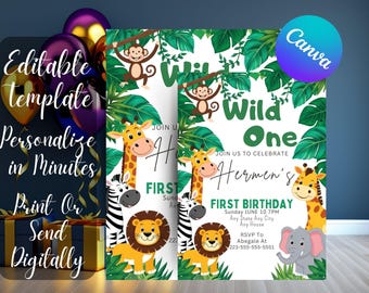 Invitación digital de safari para primer cumpleaños, invitación digital de safari para primer cumpleaños, invitación digital de safari para primer cumpleaños, fiesta de safari con animales de la selva (PDF)